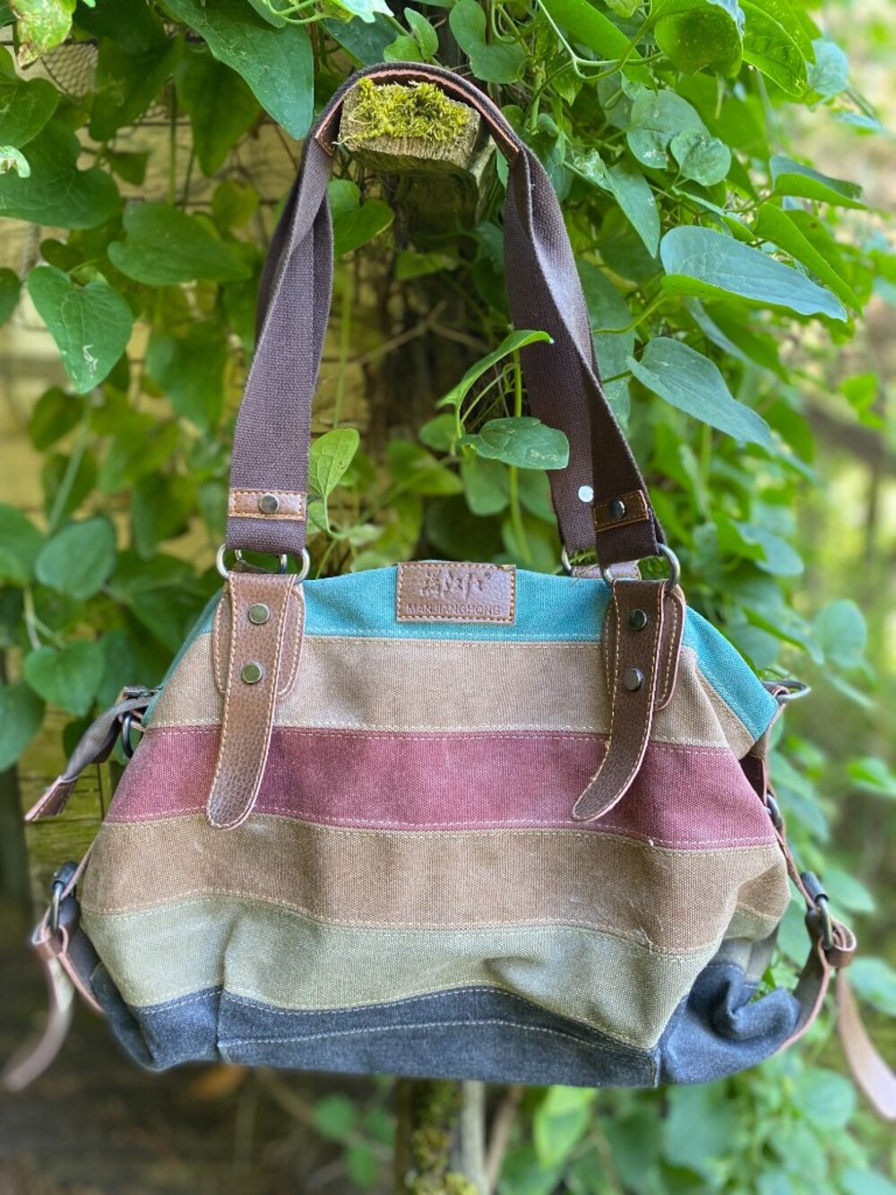 Manjianghong Multicolor Striped Canvas Boho Earth Tone Shoulder/Messenger Bag